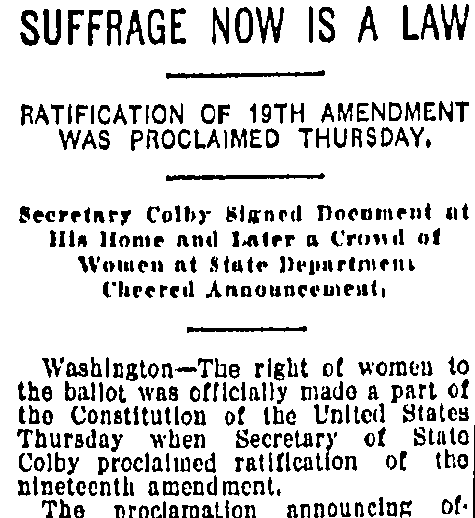 kansas-city-star-newspaper-0901-1920-19th-amendment Suffrage Now Is a Law, Kansas City Star newspaper article 1 September 1920