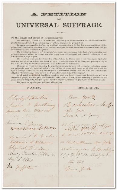 photo-0313-2014-suffrage-petition photo of a petition from E. Cady Stanton, Susan B. Anthony, Lucy Stone, and others asking for an amendment to the U.S. Constitution guaranteeing universal suffrage, ca. 1865