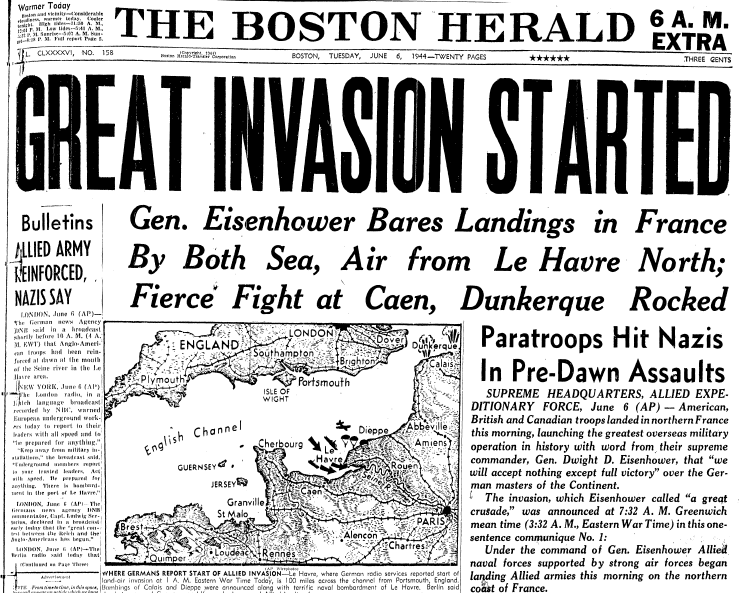 boston-herald-newspaper-0606-1944-d-day front-page news about the Allied invasion of France on D-Day during WWII, Boston Herald newspaper article 6 June 1944