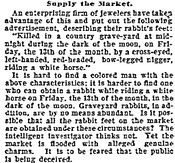 daily-inter-ocean-newspaper-0902-1896-friday-the-13th-rabbit's-feet article about Friday the 13th, Daily Inter Ocean newspaper article 2 September 1896