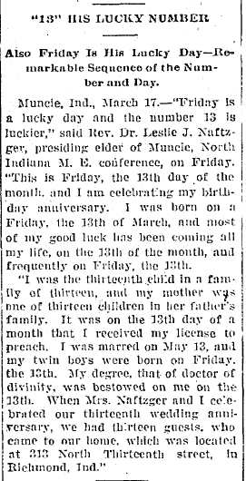 elkhart-weekly-review-newspaper-0318-1908-friday-the-13th article about Friday the 13th, Elkhart Weekly Review newspaper article 18 March 1908