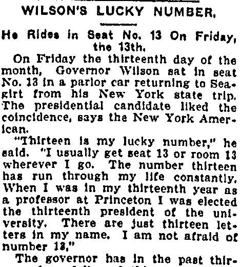 macon-telegraph-newspaper-0923-1912-friday-the-13th article about Friday the 13th and Woodrow Wilson, Macon Telegraph newspaper article 23 September 1912