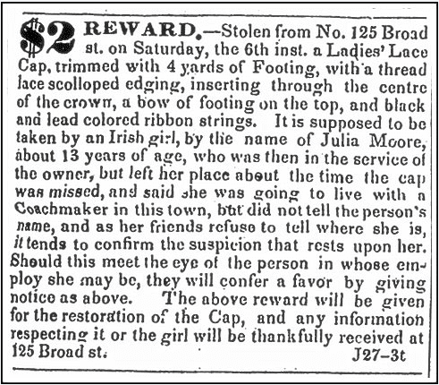 newark-daily-advertiser-newspaper-0627-1835-julia-moore-reward-stolen-cap ad about Julia Moore offering reward for stolen cap, Newark Daily Advertiser newspaper advertisement 27 June 1835