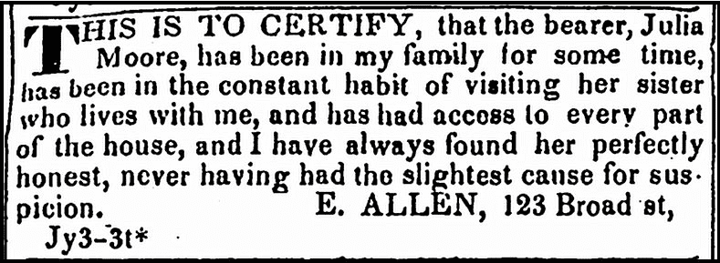 newark-daily-advertiser-newspaper-0703-1835-julia-moore-e-allen ad from E. Allen in support of Julia Moore, Newark Daily Advertiser newspaper advertisement 3 July 1835