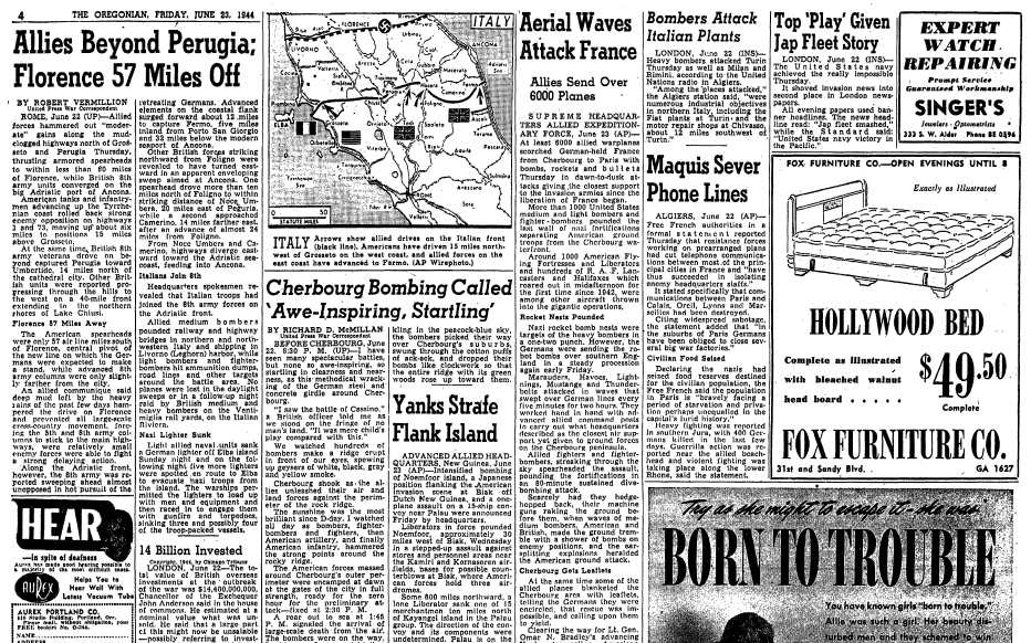 oregonian-newspaper-0623-1944-wwii-battles articles about WWII battles, Oregonian newspaper articles 23 June 1944
