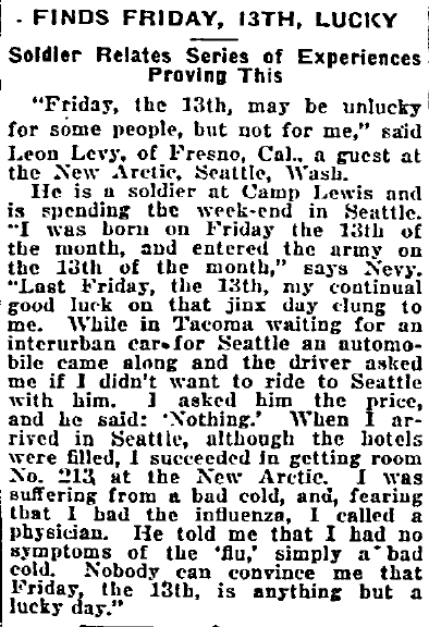 philadelphia-inquirer-newspaper-0209-1919-friday-the-13th article about Friday the 13th, Philadelphia Inquirer newspaper article 9 February 1919