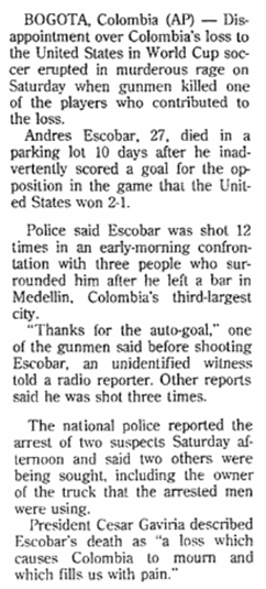 aberdeen-daily-news-newspaper-0703-1994-world-cup-escobar-murder article about Colombian defender Andres Escobar being killed after soccer's 1994 World Cup, Aberdeen Daily News newspaper article 3 July 1994