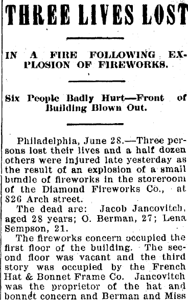 jackson-citizen-patriot-newspaper-0628-1904-fireworks-factory-explosion Three Lives Lost in a Fire Following Explosion of Fireworks, Jackson Citizen Patriot newspaper article 28 June 1904