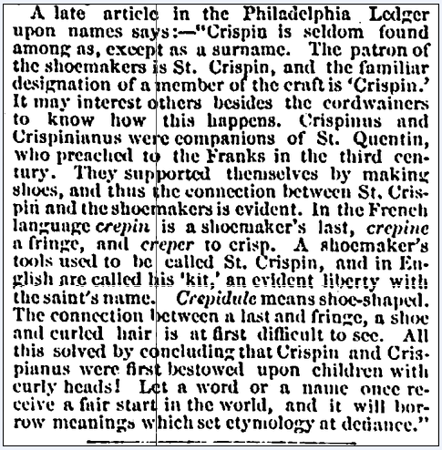 massachusetts-spy-newspaper-0908-1871-crispin-crepin article about the family surname Crispin, Massachusetts Spy newspaper article 8 September 1871