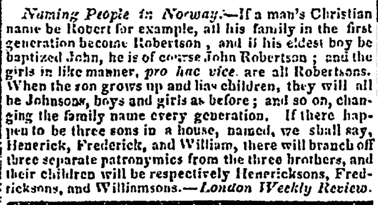national-advocate-newspaper-1128-1828-norway-names Naming People in Norway, National Advocate newspaper article 28 November 1828