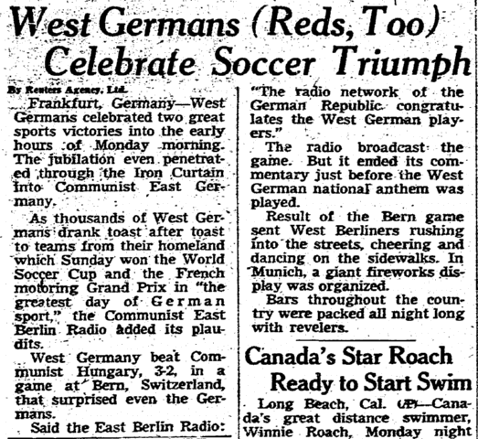 omaha-world-herald-newspaper-0706-1954-world-cup-germany-hungary West Germans (Reds, Too) Celebrate Soccer Triumph, Omaha World Herald newspaper article 6 July 1954