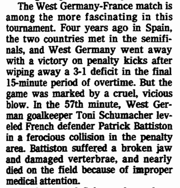 oregonian-newspaper-0625-1986-world-cup-battiston article about French defender Patrick Battiston being injured in soccer's 1982 World Cup, Oregonian newspaper article 25 June 1986