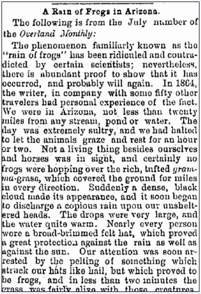 oregonian-newspaper-0708-1871-raining-frogs A Rain of Frogs in Arizona, Oregonian newspaper article 8 July 1871