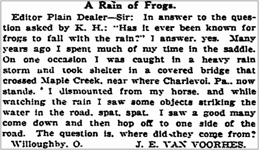 plain-dealer-newspaper-0508-1922-raining-frogs A Rain of Frogs, Plain Dealer newspaper article 8 May 1922