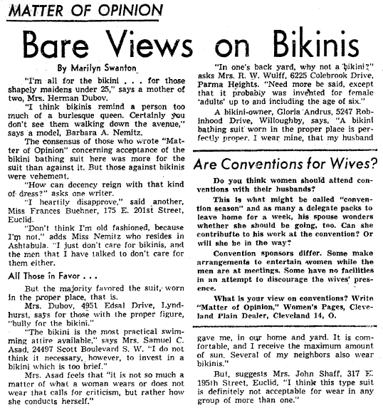 plain-dealer-newspaper-0702-1960-bikinis Bare Views on Bikinis, Plain Dealer newspaper article 2 July 1960