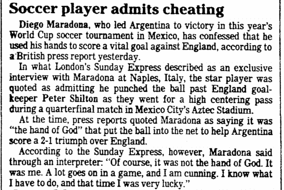 plain-dealer-newspaper-1117-1986-world-cup-maradona-hand-god Soccer Player (Maradona) Admits Cheating, Plain Dealer newspaper article 17 November 1986