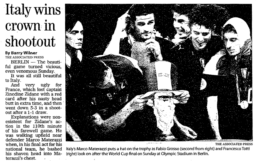 register-star-newspaper-0710-2006-world-cup-italy-wins article about Italy winning soccer's 2006 World Cup, Register Star newspaper article 10 July 2006