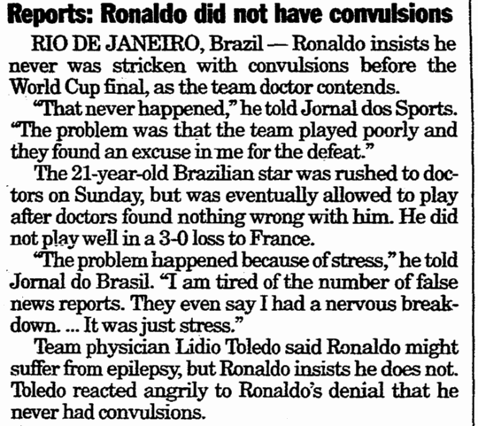 register-star-newspaper-0718-1998-world-cup-ronaldo-convulsions Reports--Ronaldo Did Not Have Convulsions, Register Star newspaper article 18 July 1998