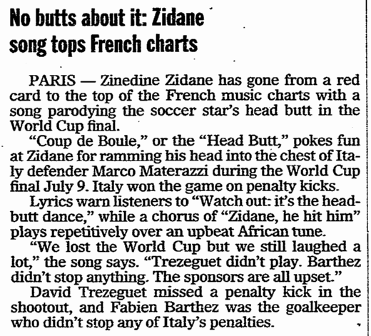 register-star-newspaper-0803-2006-world-cup-zidane-head-butt No Butts about It--Zidane Song Tops French Charts, Register Star newspaper article 3 August 2006