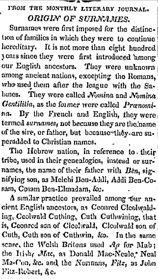 rhode-island-american-newspaper-1104-1823-surnames-origins Origin of Surnames, Rhode-Island American newspaper article 4 November 1823