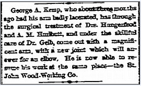 stamford-advocate-newspaper-0218-1887-george-kemp-accident article about an accident by George Kemp at the St. John Wood Working Company, Stamford Advocate newspaper article 18 February 1887