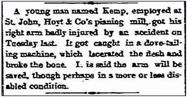 stamford-advocate-newspaper-1112-1886-hoyt-co.-mill-accident article about an accident at the St. John Wood Working Company, Stamford Advocate newspaper article 12 November 1886