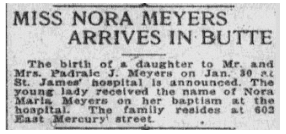 anaconda-standard-newspaper-0203-1921-nora-meyers-birth birth announcement for Nora Meyers, Anaconda Standard newspaper article 3 February 1921