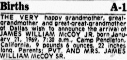 dallas-morning-news-newspaper-0124-1969-james-mccoy-birth birth announcement for James McCoy, Dallas Morning News newspaper article 24 January 1969