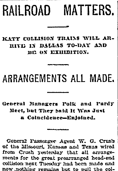dallas-morning-news-newspaper-0911-1896-crush-train-crash article about the preparations for the train crash staged in Crush, Texas, Dallas Morning News newspaper article 11 September 1896
