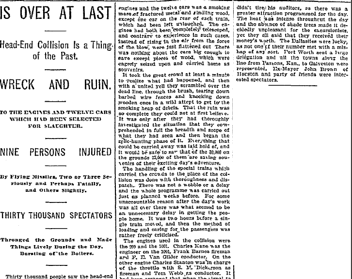 dallas-morning-news-newspaper-0916-1896-crush-train-crash article about the train crash at Crush, Texas, Dallas Morning News newspaper article 16 September 1896