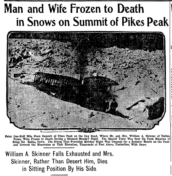 denver-post-newspaper-0823-1911-skinners-pikes-peak Man and Wife Frozen to Death in Snows on Summit of Pikes Peak, Denver Post newspaper article 23 August 1911