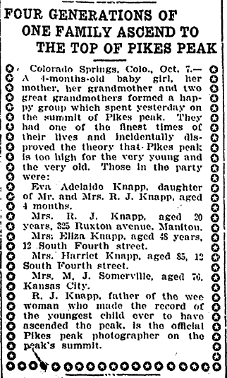 denver-post-newspaper-1008-1905-knapp-women-pikes-peak Four Generations of One Family (Knapp) Ascent to the Top of Pikes Peak, Denver Post newspaper article 8 October 1905