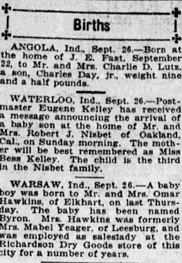 fort-wayne-news-sentinel-newspaper-0926-1918-birth-announcements birth announcements, Fort Wayne News Sentinel newspaper article 26 September 1918