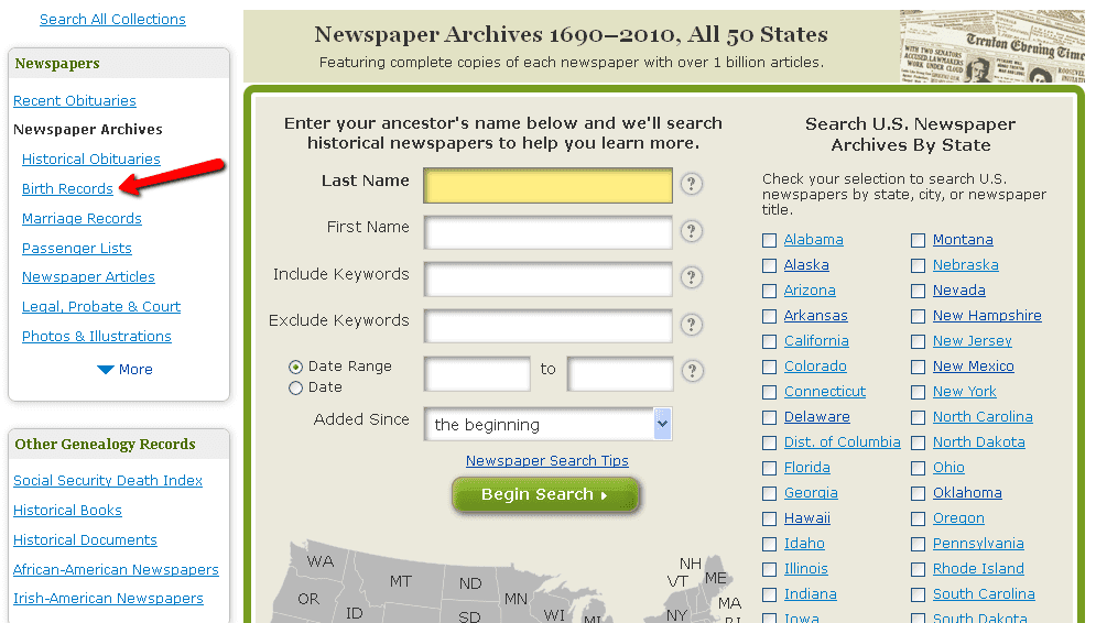 genealogybank-0922-2014-birth-records-search screenshot of GenealogyBank's newspaper search page showing the Birth Records category
