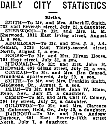 oregonian-newspaper-0806-1912-birth-announcements birth announcements, Oregonian newspaper article 6 August 1912