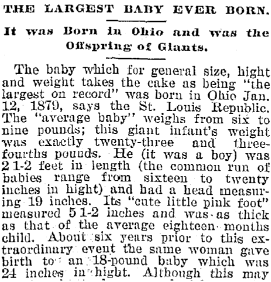 plain-dealer-newspaper-0421-1893-giant-baby The Largest Baby Ever Born, Plain Dealer newspaper article 21 April 1893