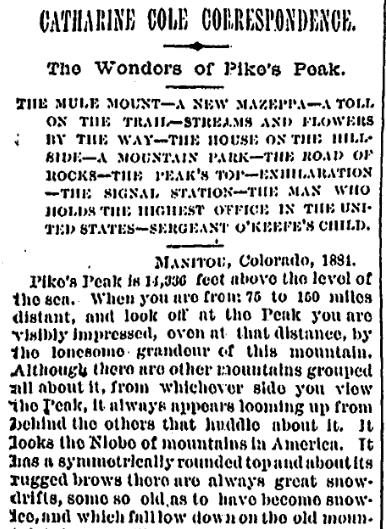 times-picayune-newspaper-1006-1884-catharine-cole-pikes-peak travel article about Pikes Peak written by Catharine Cole, Times-Picayune newspaper article 6 October 1884