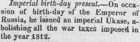 arkansas-weekly-gazette-newspaper-0520-1820-russia-emperor-birthday article about the Emperor of Russia's birthday, Arkansas Weekly Gazette newspaper article 20 May 1820
