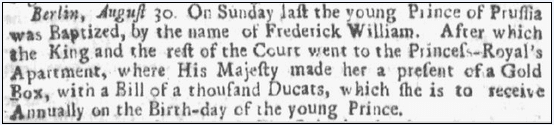 boston-news-letter-newspaper-0521-1711-frederick-william-birthday article about the birthday of Frederick William, Boston News-Letter newspaper article 21 May 1711