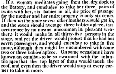 commercial-advertiser-newspaper-1113-1846-stagecoach-fares-babies article about babies being allowed to ride for free on stagecoaches, Commercial Advertiser newspaper article 13 November 1846