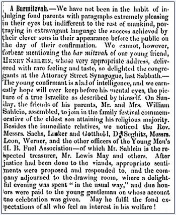 jewish-messenger-newspaper-0116-1863-henry-sahlein-barmitzvah article about Henry Sahlein's barmitzvah, Jewish Messenger newspaper article 16 January 1863