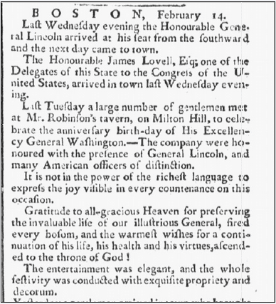 massachusetts-spy-newspaper-0221-1782-george-washington-birthday article about a celebration for George Washington's birthday, Massachusetts Spy newspaper article 21 February 1782