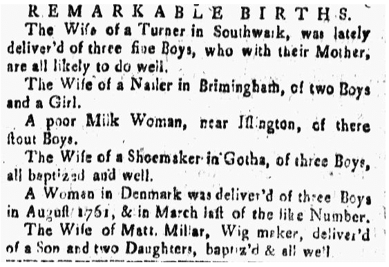 new-hampshire-gazette-newspaper-1002-1767-birth-announcements birth announcements for triplets, New-Hampshire Gazette newspaper article 2 October 1767