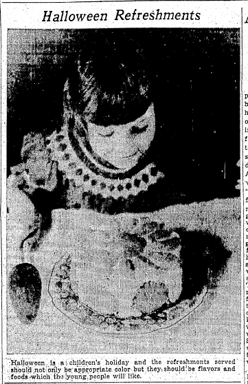 oregonian-newspaper-1026-1935-halloween-girl-cake photo of a girl and a Halloween cake, Oregonian newspaper article 26 October 1935