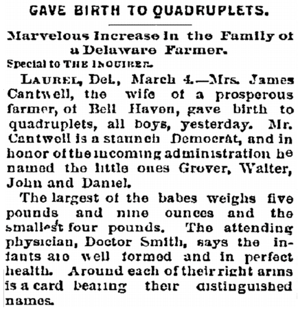 philadelphia-inquirer-newspaper-0305-1893-mrs.-james-cantwell-quadruplets Gave Birth to Quadruplets, Philadelphia Inquirer newspaper article 5 March 1893