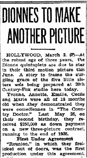 riverside-daily-press-newspaper-0302-1937-dionne-quintuplets article about the Dionne quintuplets, Riverside Daily Press newspaper article 2 March 1937