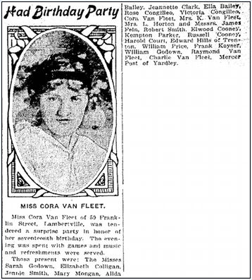 trenton-evening-times-newspaper-1101-1914-cora-van-fleet-birthday article about Cora Van Fleet's birthday, Trenton Evening Times newspaper article 1 November 1914