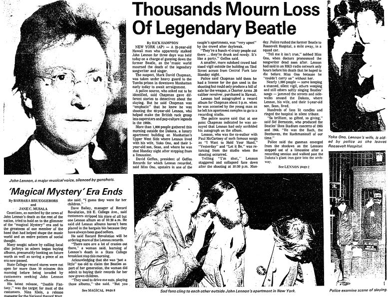 centre-daily-times-newspaper-1209-1980-john-lennon-murder Thousands Mourn Loss of Legendary Beatle (John Lennon), Centre Daily Times newspaper article 9 December 1980