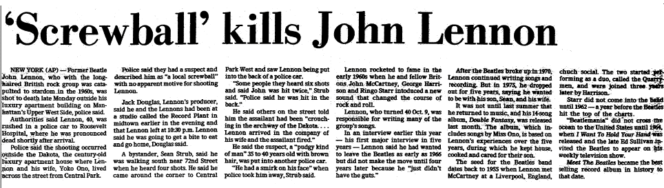 dallas-morning-news-newspaper-1209-1980-john-lennon-murder 'Screwball' Kills John Lennon, Dallas Morning News newspaper article 9 December 1980