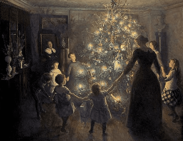 illustration-1222-2014-christmas-tree painting: “Happy Christmas” by Johansen Viggo, 1891